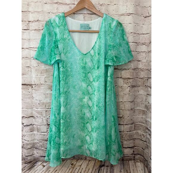 Judith March Dress Womens Large Turquoise Snakeskin Print Flowy Flutter Sleeve - Picture 1 of 12